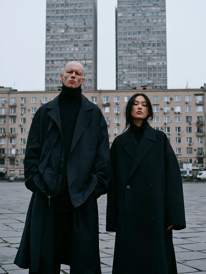 Marek Volkov and Aya Lin of StillForm in long dark coats on a city square